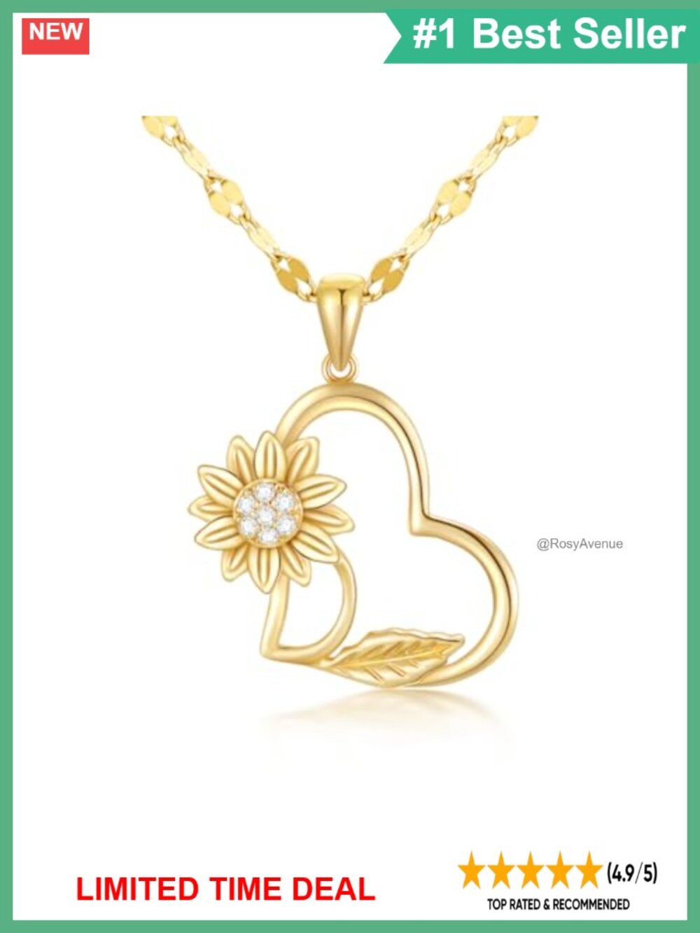 14k Gold Sunflower Heart Pendant Necklace Lip Chain 16-18"